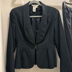 Max studio two piece suit it’s very dark 
pins striped blue. Flattering /peplum